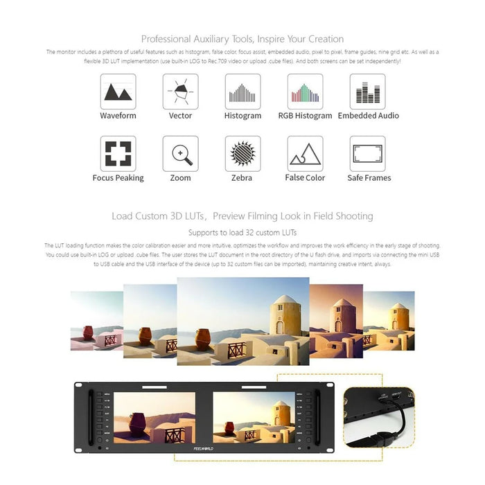 FEELWORLD D71 PLUS Dual 7 Inch IPS Screen 3RU Rack Mount Monitor 4K HD SDI 1920x1200 Broadcast Video Display - US Plug - 7