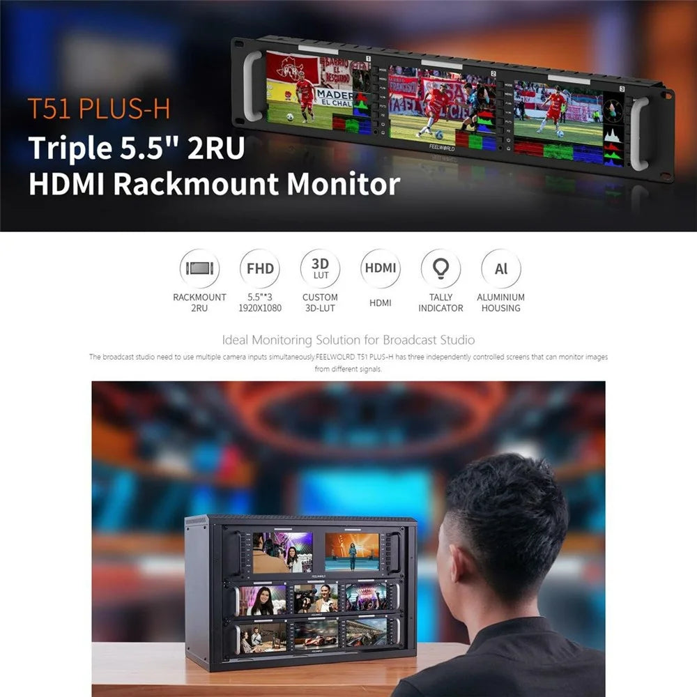 FEELWORLD T51 PLUS-H 2RU Rack Mount Triple 5.5 Inch IPS Screen FHD 4K HD AV Video Monitor - US Plug - 2