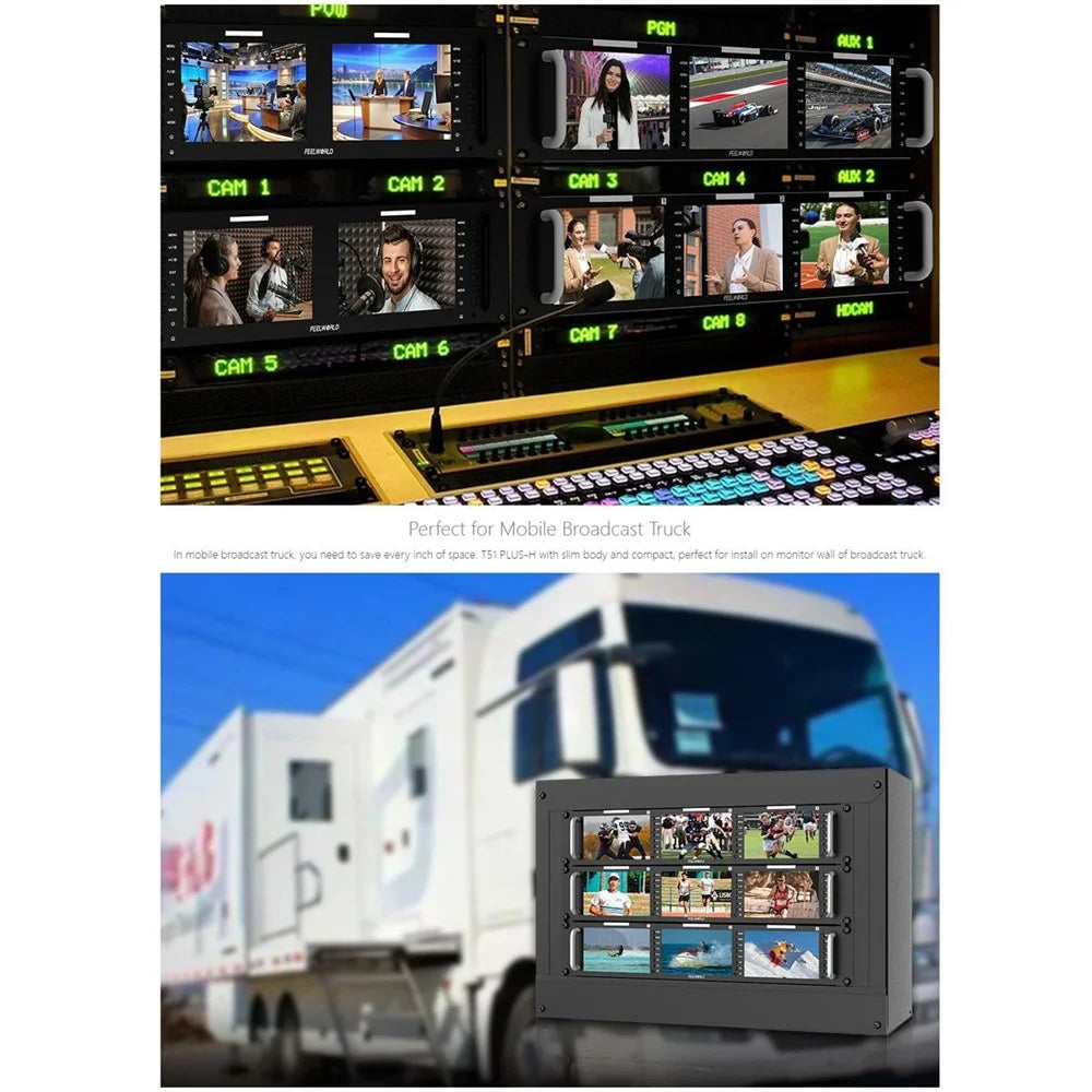 FEELWORLD T51 PLUS-H 2RU Rack Mount Triple 5.5 Inch IPS Screen FHD 4K HD AV Video Monitor - US Plug - 3
