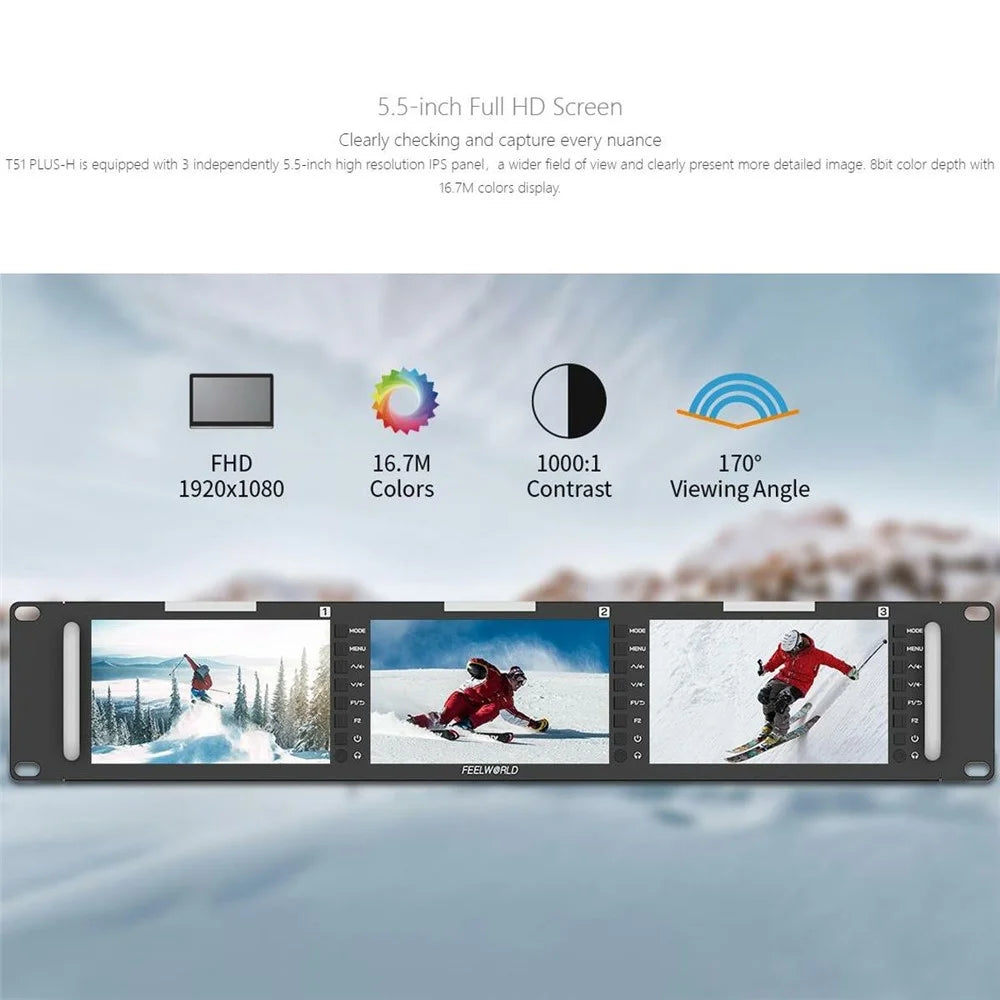 FEELWORLD T51 PLUS-H 2RU Rack Mount Triple 5.5 Inch IPS Screen FHD 4K HD AV Video Monitor - US Plug - 4