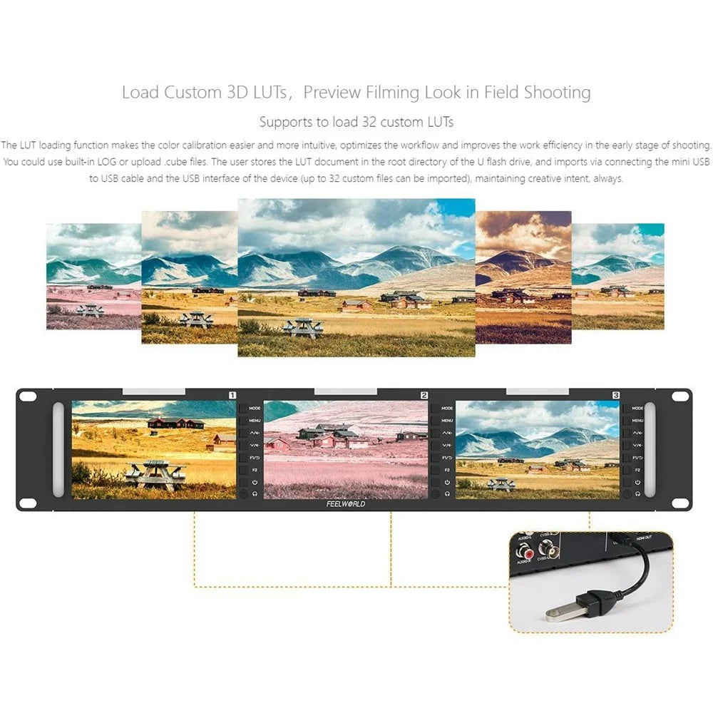 FEELWORLD T51 PLUS-H 2RU Rack Mount Triple 5.5 Inch IPS Screen FHD 4K HD AV Video Monitor - US Plug - 6