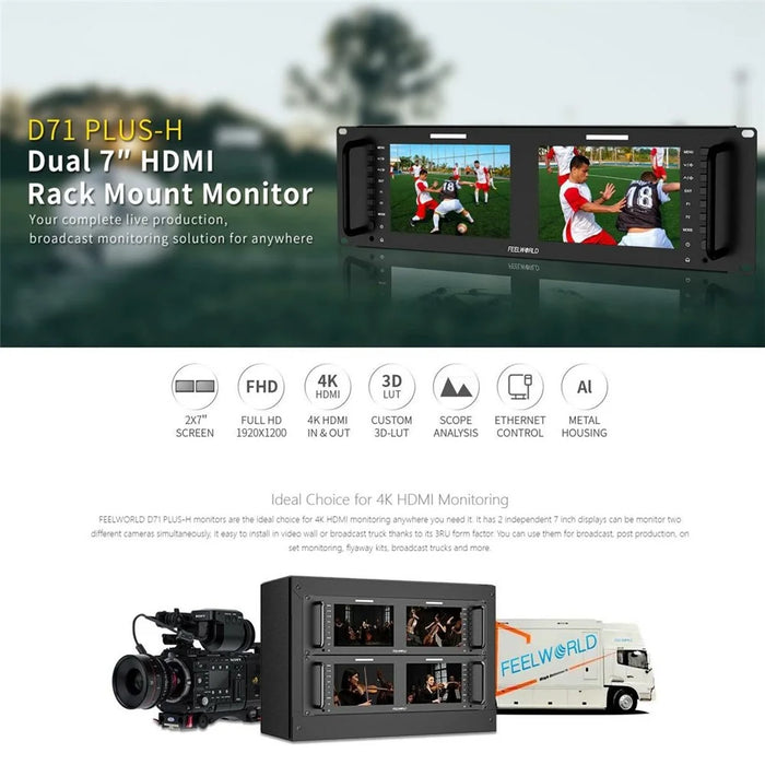 FEELWORLD D71 PLUS-H Dual 7 Inch 1920x1200 IPS Screen 3RU Rack Mount Monitor 4K HD  /  Waveform  /  Vector Scope - US Plug - 3