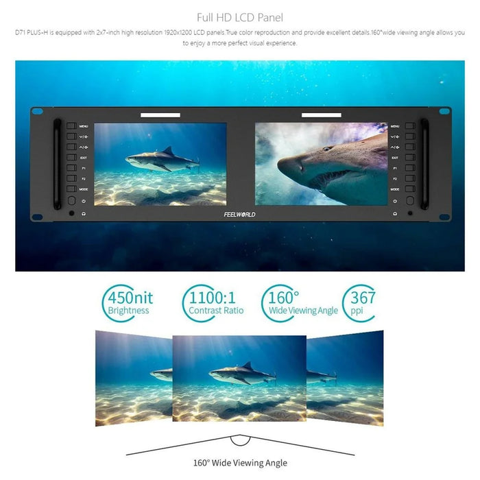 FEELWORLD D71 PLUS-H Dual 7 Inch 1920x1200 IPS Screen 3RU Rack Mount Monitor 4K HD  /  Waveform  /  Vector Scope - US Plug - 4