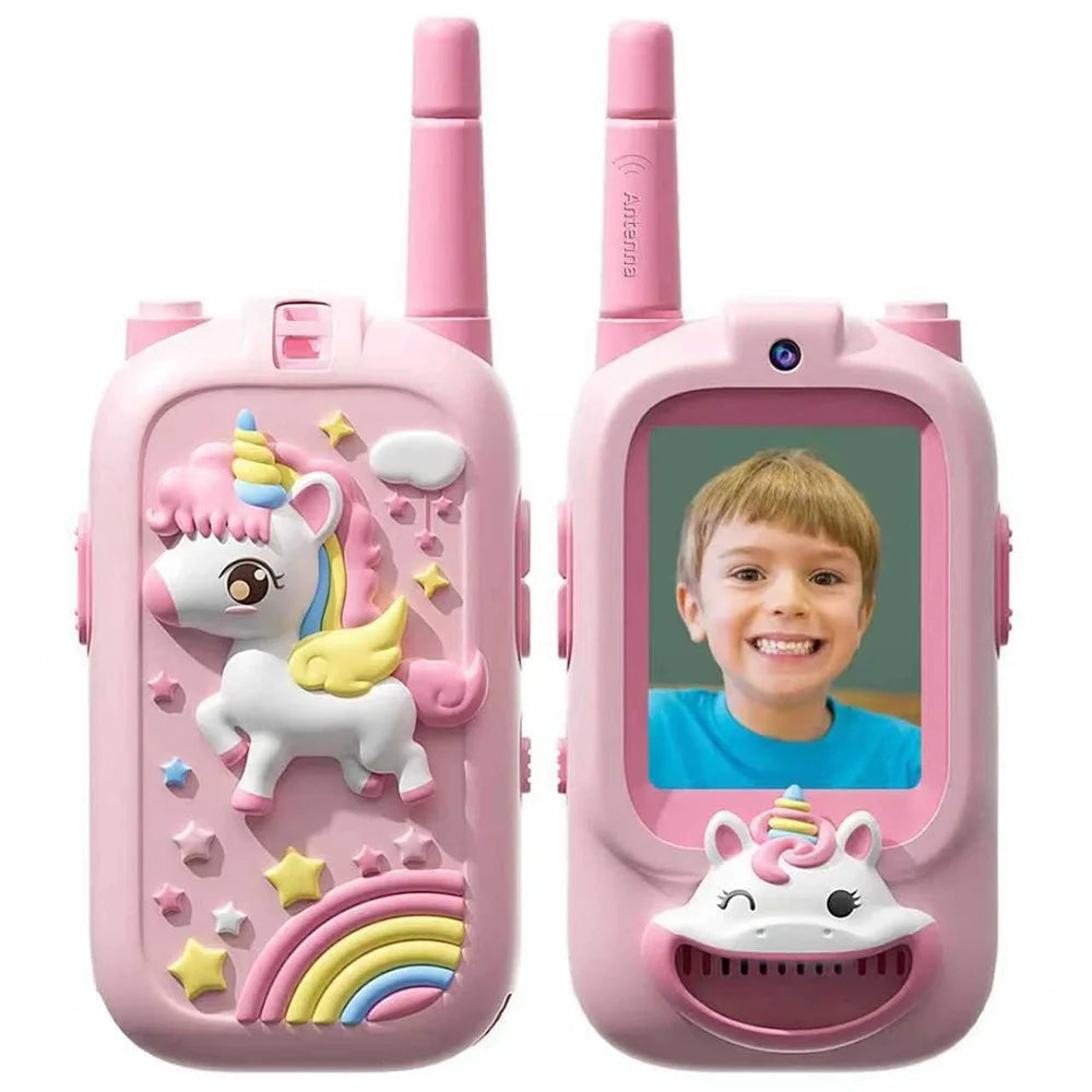 JK200 1 Pair 2.0 inch Kids Video Walkie Talkies with Cute Silicone Case Wireless Intercom Gift Indoor Outdoor Toy - Pink Unicorn + Pink Unicorn - 1