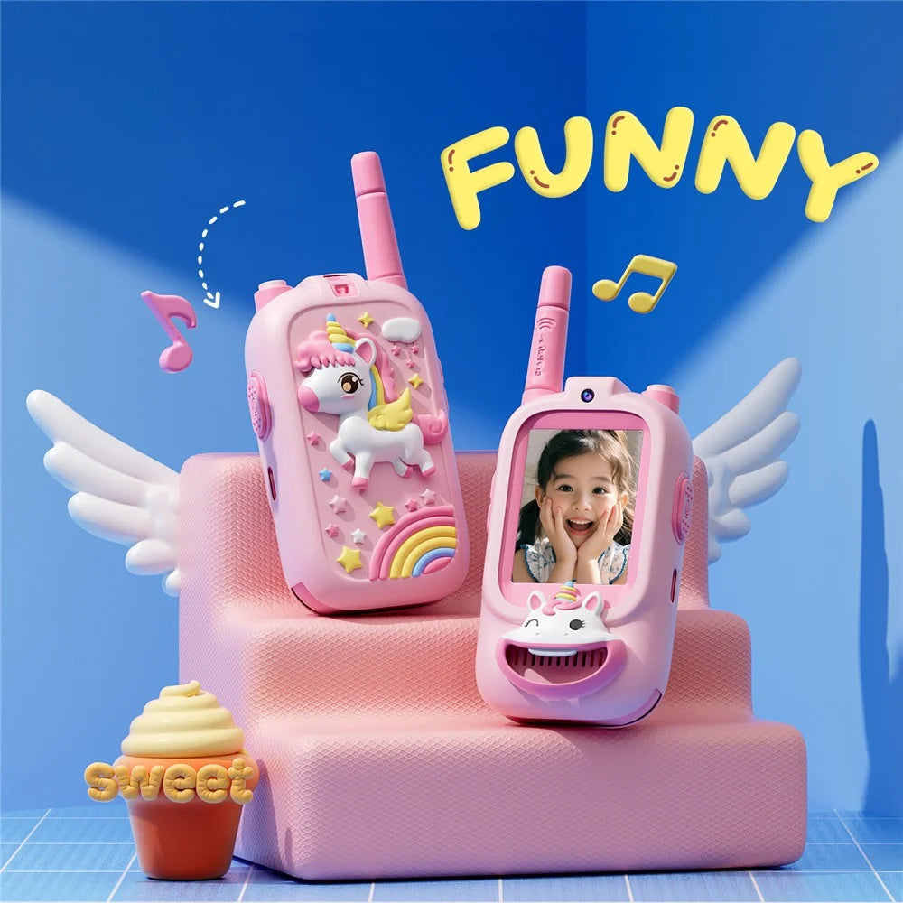 JK200 1 Pair 2.0 inch Kids Video Walkie Talkies with Cute Silicone Case Wireless Intercom Gift Indoor Outdoor Toy - Pink Unicorn + Pink Unicorn - 5
