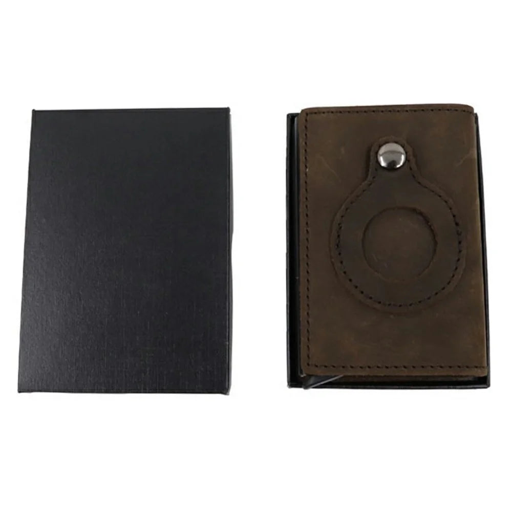 For AirTag Tracker Card Holder Genuine Leather Aluminum Case Wallet Slim Bifold Storage Pouch - Tan - 1