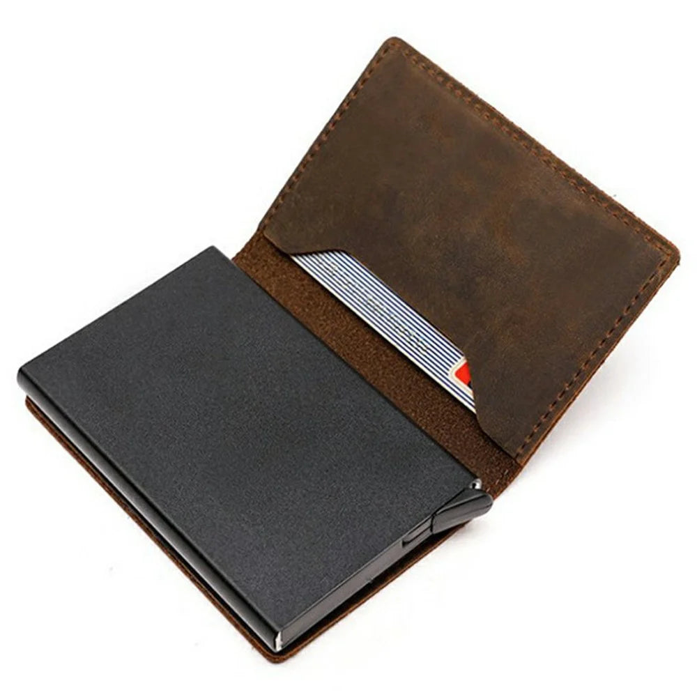 For AirTag Tracker Card Holder Genuine Leather Aluminum Case Wallet Slim Bifold Storage Pouch - Tan - 2