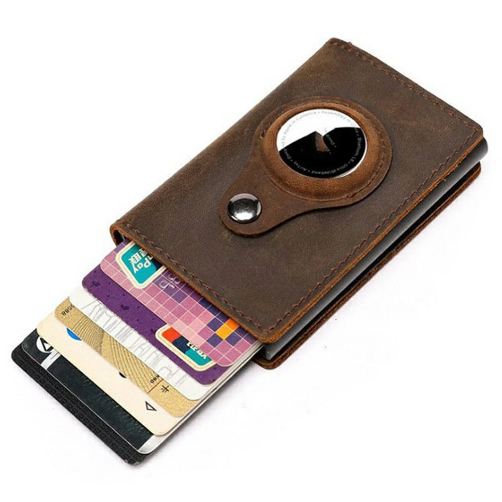 For AirTag Tracker Card Holder Genuine Leather Aluminum Case Wallet Slim Bifold Storage Pouch - Tan - 3