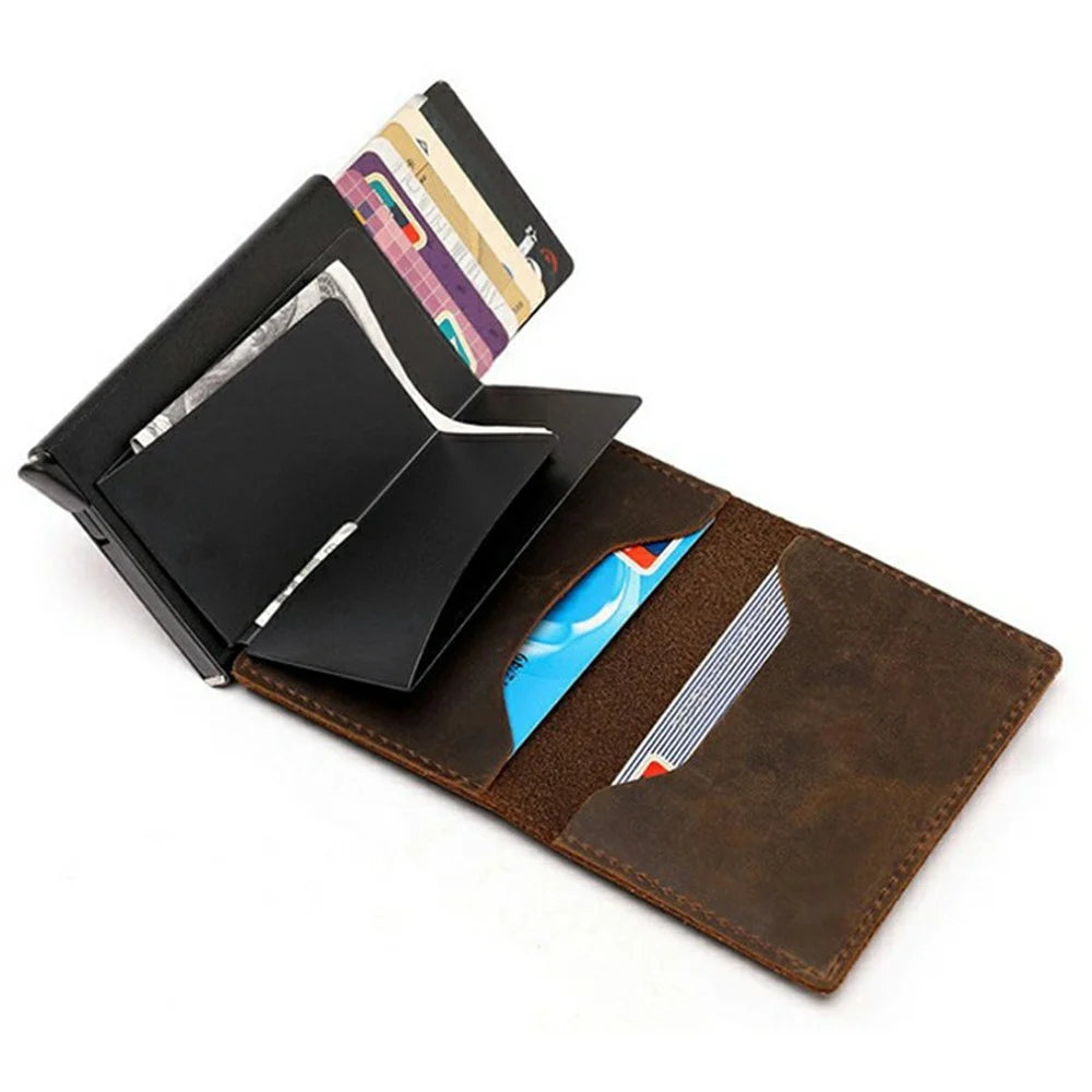 For AirTag Tracker Card Holder Genuine Leather Aluminum Case Wallet Slim Bifold Storage Pouch - Tan - 4