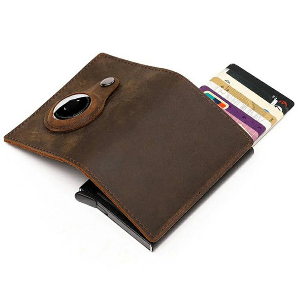 For AirTag Tracker Card Holder Genuine Leather Aluminum Case Wallet Slim Bifold Storage Pouch - Tan - 5