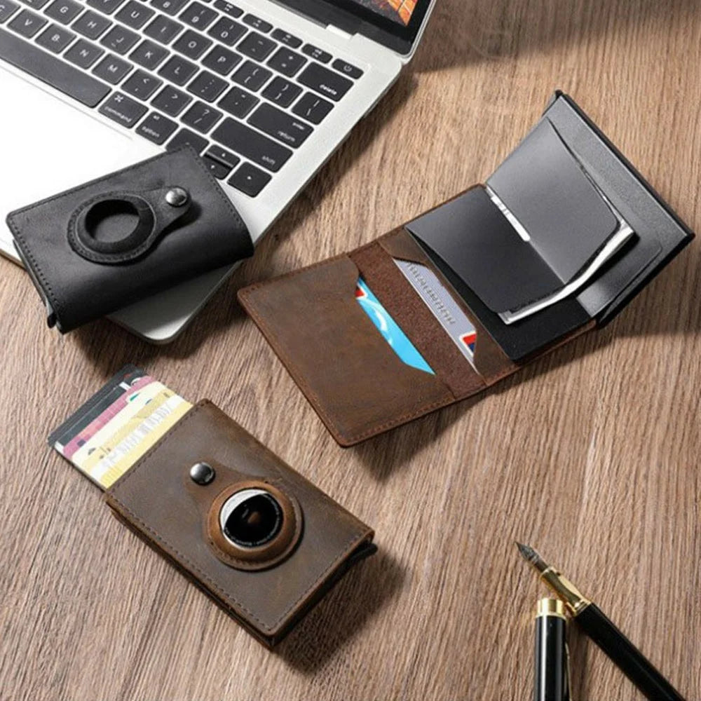 For AirTag Tracker Card Holder Genuine Leather Aluminum Case Wallet Slim Bifold Storage Pouch - Tan - 6