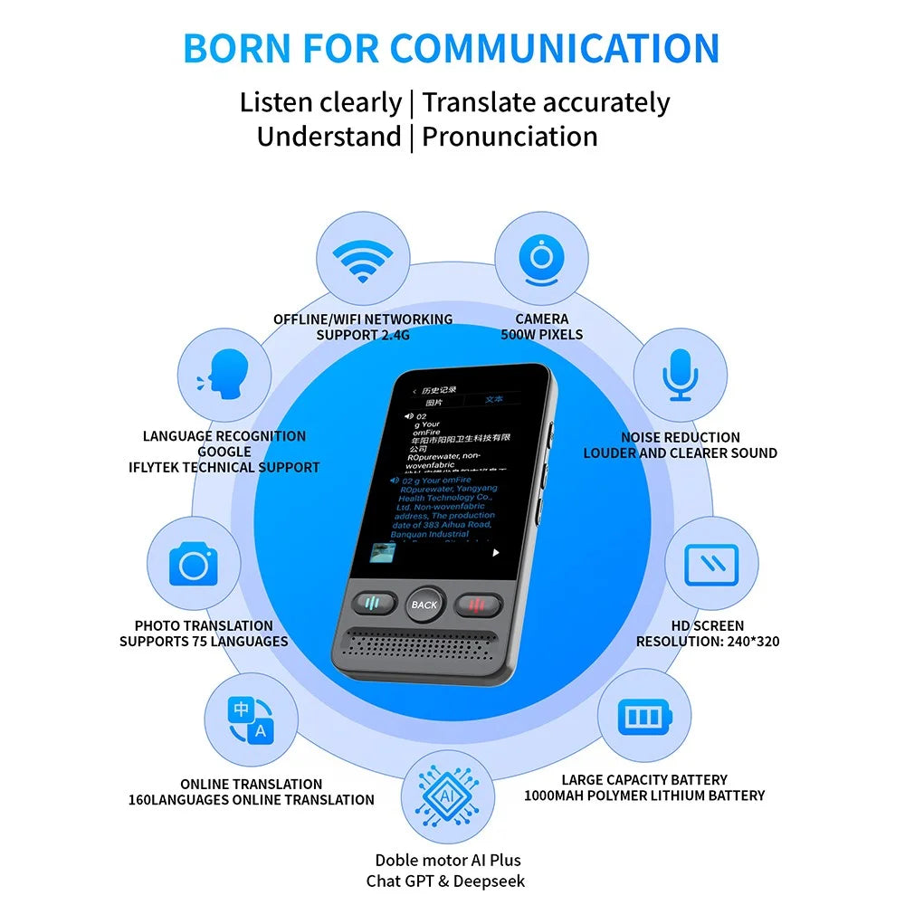 T13 2.8 inch 138 Languages Smart Translator WIFI Photo Recording Voice Translator with Offline Translation 1GB RAM 8GB Storage and ChatGPT - Black - 3