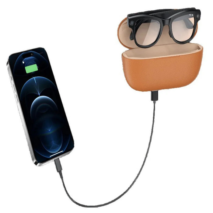 M02ULTRA IP54 Waterproof 8MP AI Smart Glasses with Charging Case 4K Shooting Translation Glasses with Interchangeable Lenses - Black + Brown Charging Case - 1