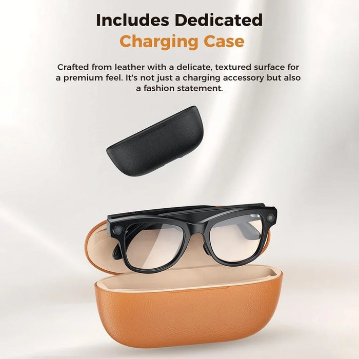 M02ULTRA IP54 Waterproof 8MP AI Smart Glasses with Charging Case 4K Shooting Translation Glasses with Interchangeable Lenses - Black + Brown Charging Case - 3