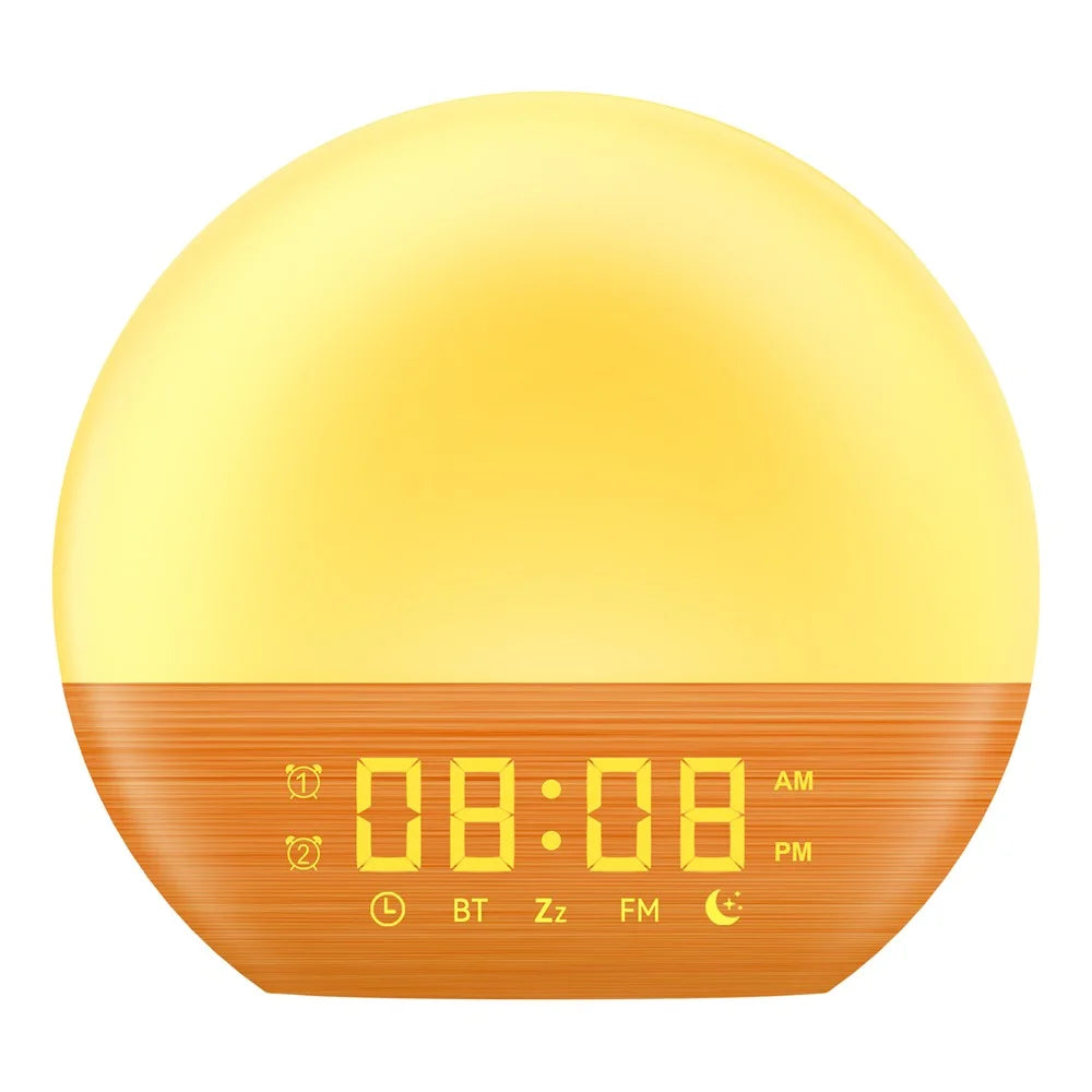 SH08A Wood Grain LED Night Light Alarm Clock Sunrise Colorful Ambient Lamp with White Noise Speaker / FM Radio - US Plug - 1