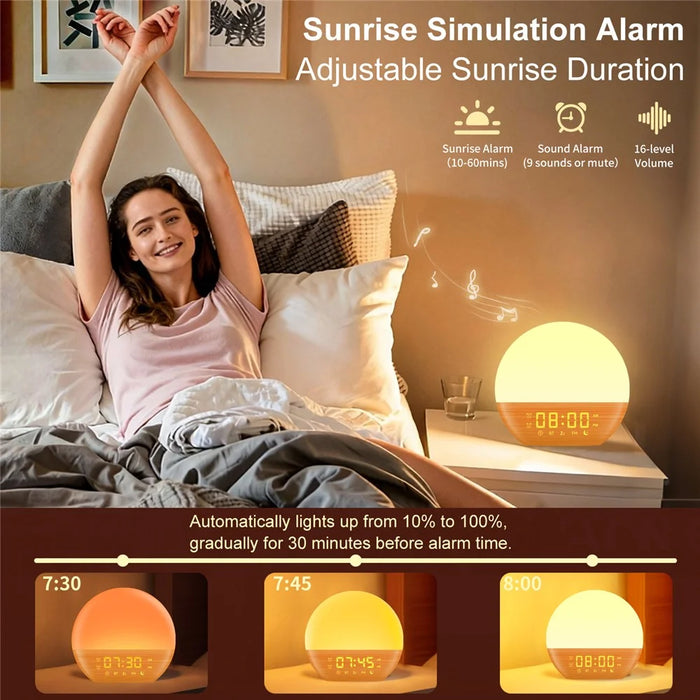 SH08A Wood Grain LED Night Light Alarm Clock Sunrise Colorful Ambient Lamp with White Noise Speaker / FM Radio - US Plug - 3