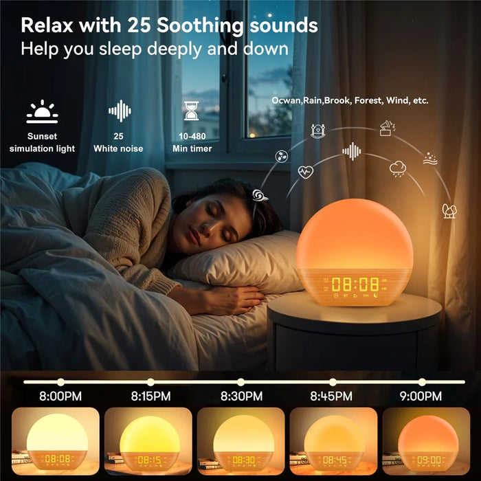 SH08A Wood Grain LED Night Light Alarm Clock Sunrise Colorful Ambient Lamp with White Noise Speaker / FM Radio - US Plug - 4