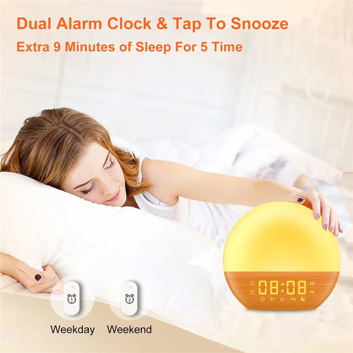 SH08A Wood Grain LED Night Light Alarm Clock Sunrise Colorful Ambient Lamp with White Noise Speaker / FM Radio - US Plug - 5