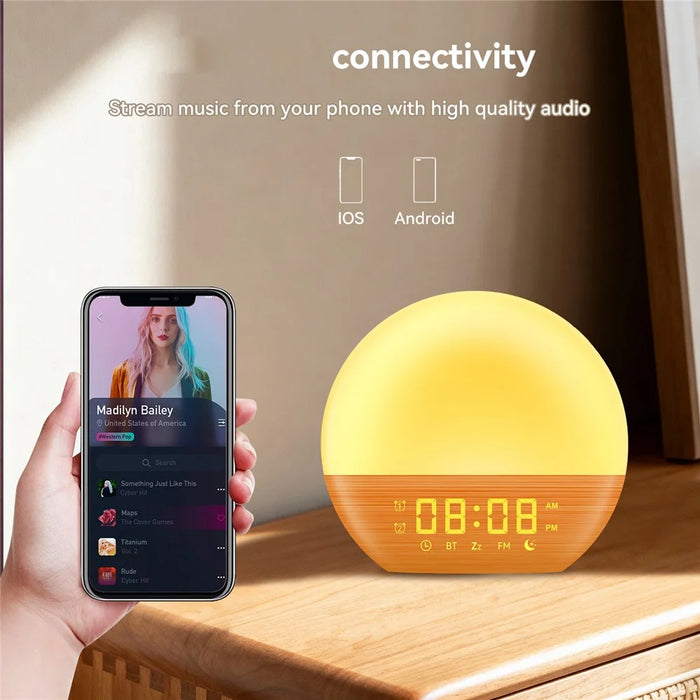SH08A Wood Grain LED Night Light Alarm Clock Sunrise Colorful Ambient Lamp with White Noise Speaker / FM Radio - US Plug - 6