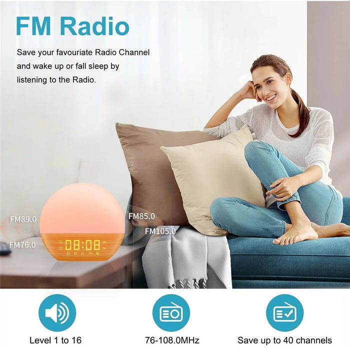 SH08A Wood Grain LED Night Light Alarm Clock Sunrise Colorful Ambient Lamp with White Noise Speaker / FM Radio - US Plug - 7