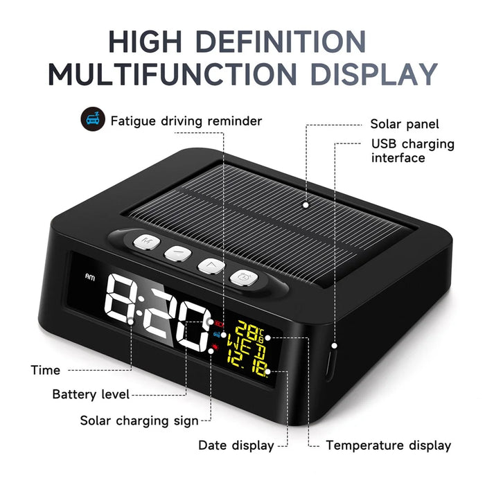 GS-301 Solar Powered Clock Temperature Display LED Digital Alarm Clock with Fatigue Driving Reminder - Black - 3