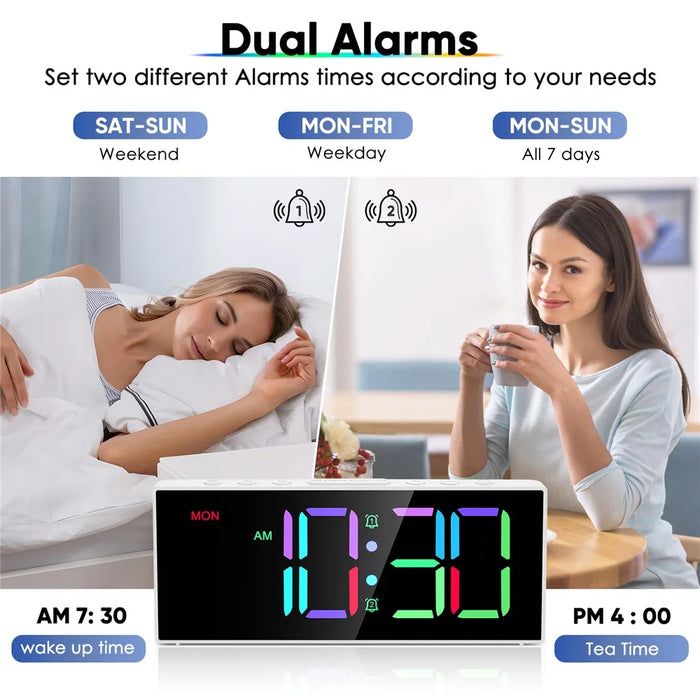 GS-G11 RGB Digital Clock LED Display Alarm Clock Adjustable Volume and Brightness Table Clock for Living Room Bedroom - White - 2