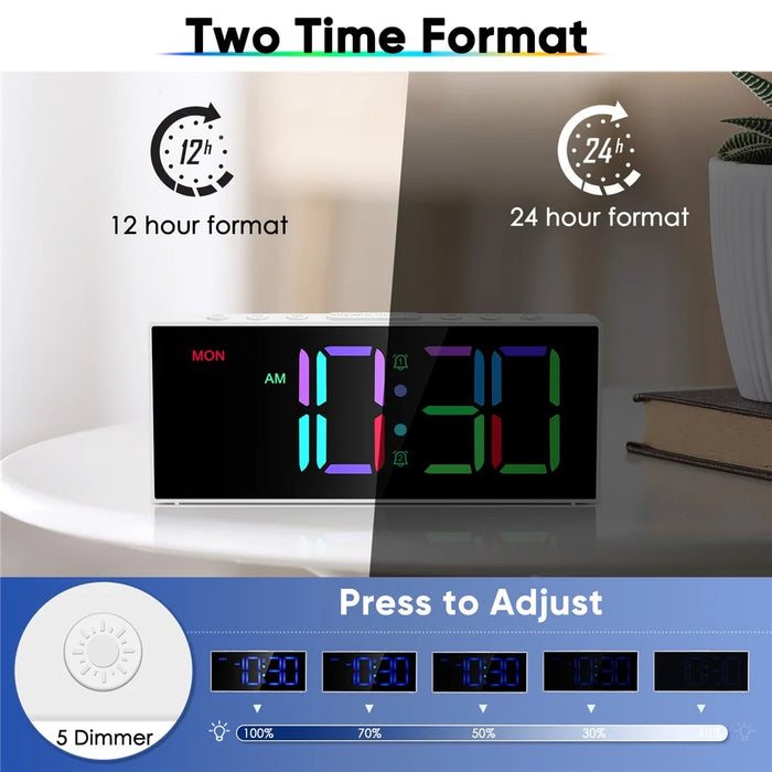 GS-G11 RGB Digital Clock LED Display Alarm Clock Adjustable Volume and Brightness Table Clock for Living Room Bedroom - White - 4