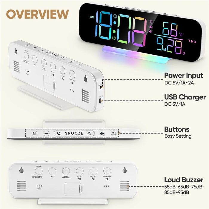 GS-G9 Dynamic RGB Large Display LED Digital Alarm Clock Calendar Desk Clock with Vibration Pad - White - 6