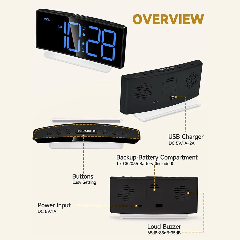 GS-G10 LED Digital Clock for Living Room TV Stand 3 Volume Levels Electronic Alarm Clock with Night Light - Black - 5