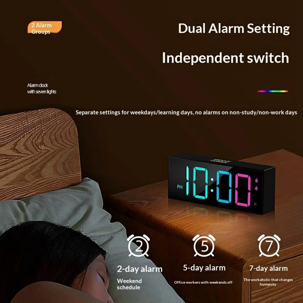GS-8813 LED Digital Alarm Clock Large Display Temperature Monitor Voice Activated Bedside Clock with RGB Light - Black - 7