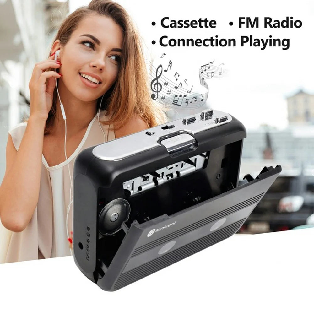 TONIVENT TON007B Cassette Player Bluetooth-compatible FM Radio Mini Portable Tape Player with 3.5mm Headphone Jack - Black - 4