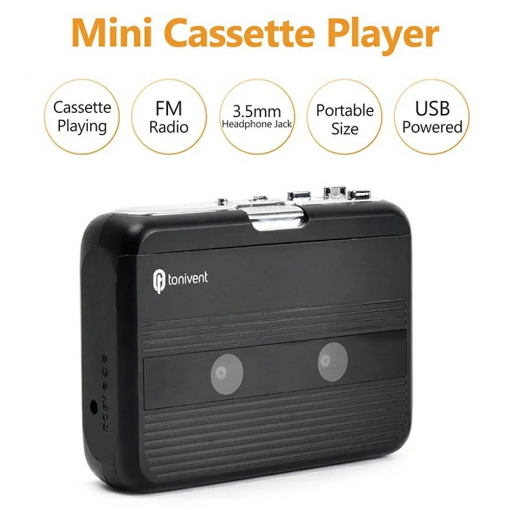 TONIVENT TON007B Cassette Player Bluetooth-compatible FM Radio Mini Portable Tape Player with 3.5mm Headphone Jack - Black - 5