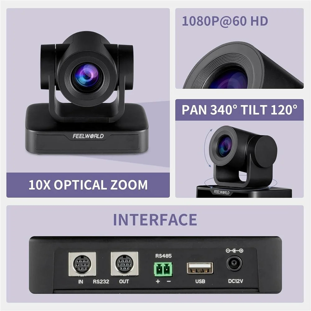 FEELWORLD USB10X PTZ Video Conference Camera 10X Optical Zoom USB2.0 Auto Focus AI Tracking Camera - US Plug - 6