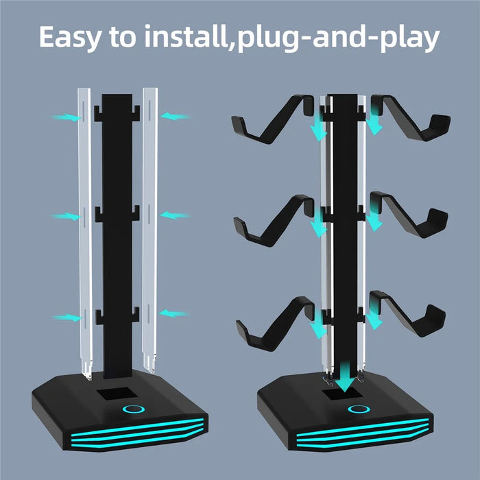 8006S USB Hub Game Controller Holder Control Handle Headphone Storage Stand with 9 RGB Light - Black - 2