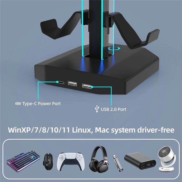 8006S USB Hub Game Controller Holder Control Handle Headphone Storage Stand with 9 RGB Light - Black - 4
