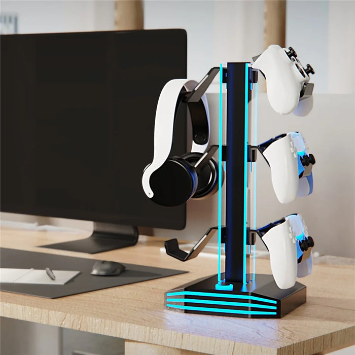 8006S USB Hub Game Controller Holder Control Handle Headphone Storage Stand with 9 RGB Light - Black - 6