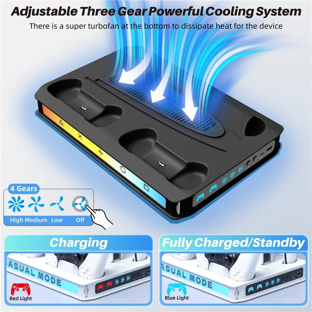 8041 Cooling Fan Base for Sony PlayStation 5 Pro / 5 Slim / 5 Game Console Charger Stand with RGB Light - Black - 2