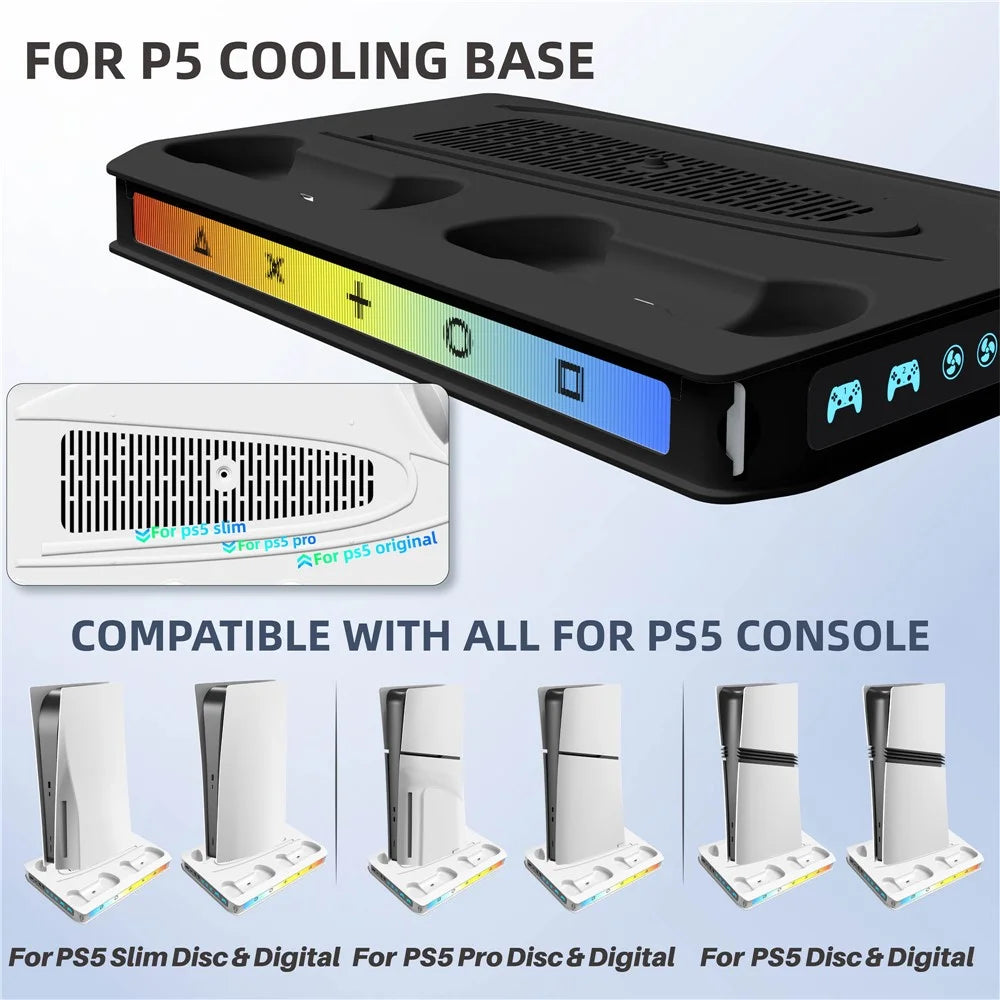 8041 Cooling Fan Base for Sony PlayStation 5 Pro / 5 Slim / 5 Game Console Charger Stand with RGB Light - Black - 6