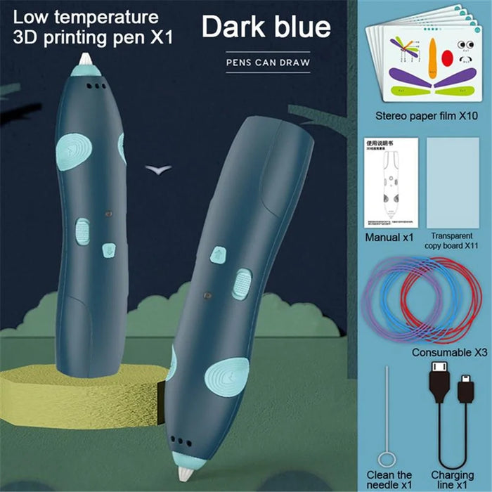 USB Rechargeable Low Temperature 3D Printing Pen DIY Creation Kids Drawing Toy - Dark Blue - 6