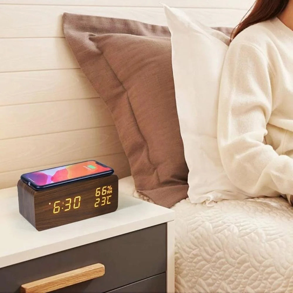 YC-9087 Wooden Digital LED Alarm Clock with Temperature Humidity Display Built-in Wireless Charging Pad (No Battery) - Brown Wood White Light - 6