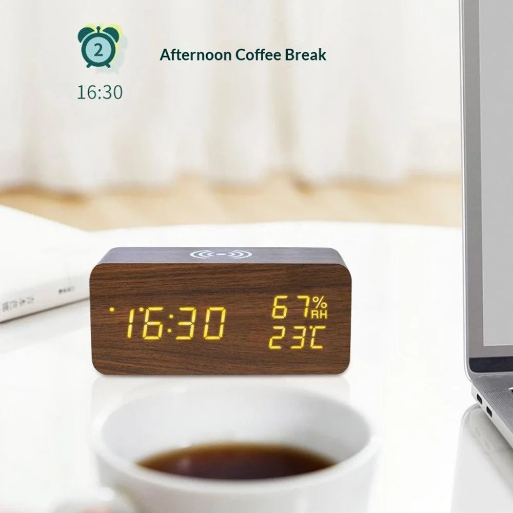 YC-9087 Wooden Digital LED Alarm Clock with Temperature Humidity Display Built-in Wireless Charging Pad (No Battery) - Brown Wood White Light - 7