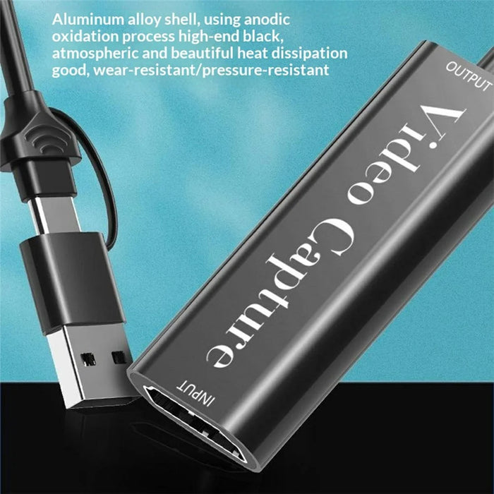HU-02A HD to USB-A / Type-C 2 in 1 Video Capture Card for Gaming Console / PC / Phone Live Streaming Adapter Cable (Chip: MS2109) - Black - 2