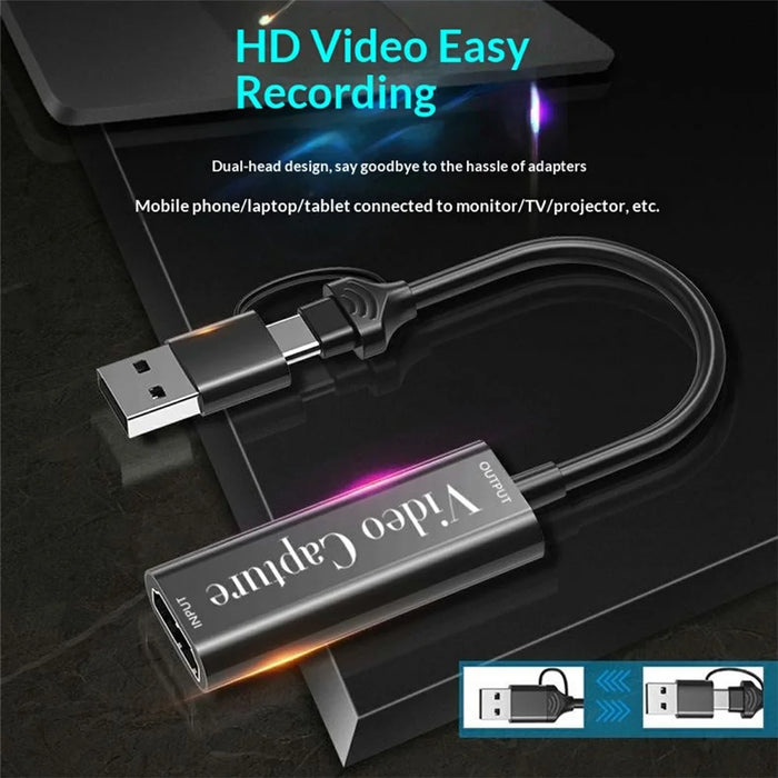 HU-02A HD to USB-A / Type-C 2 in 1 Video Capture Card for Gaming Console / PC / Phone Live Streaming Adapter Cable (Chip: MS2109) - Black - 4