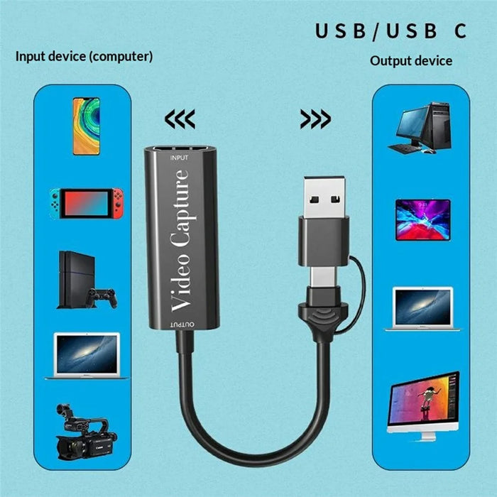 HU-02A HD to USB-A / Type-C 2 in 1 Video Capture Card for Gaming Console / PC / Phone Live Streaming Adapter Cable (Chip: MS2109) - Black - 5