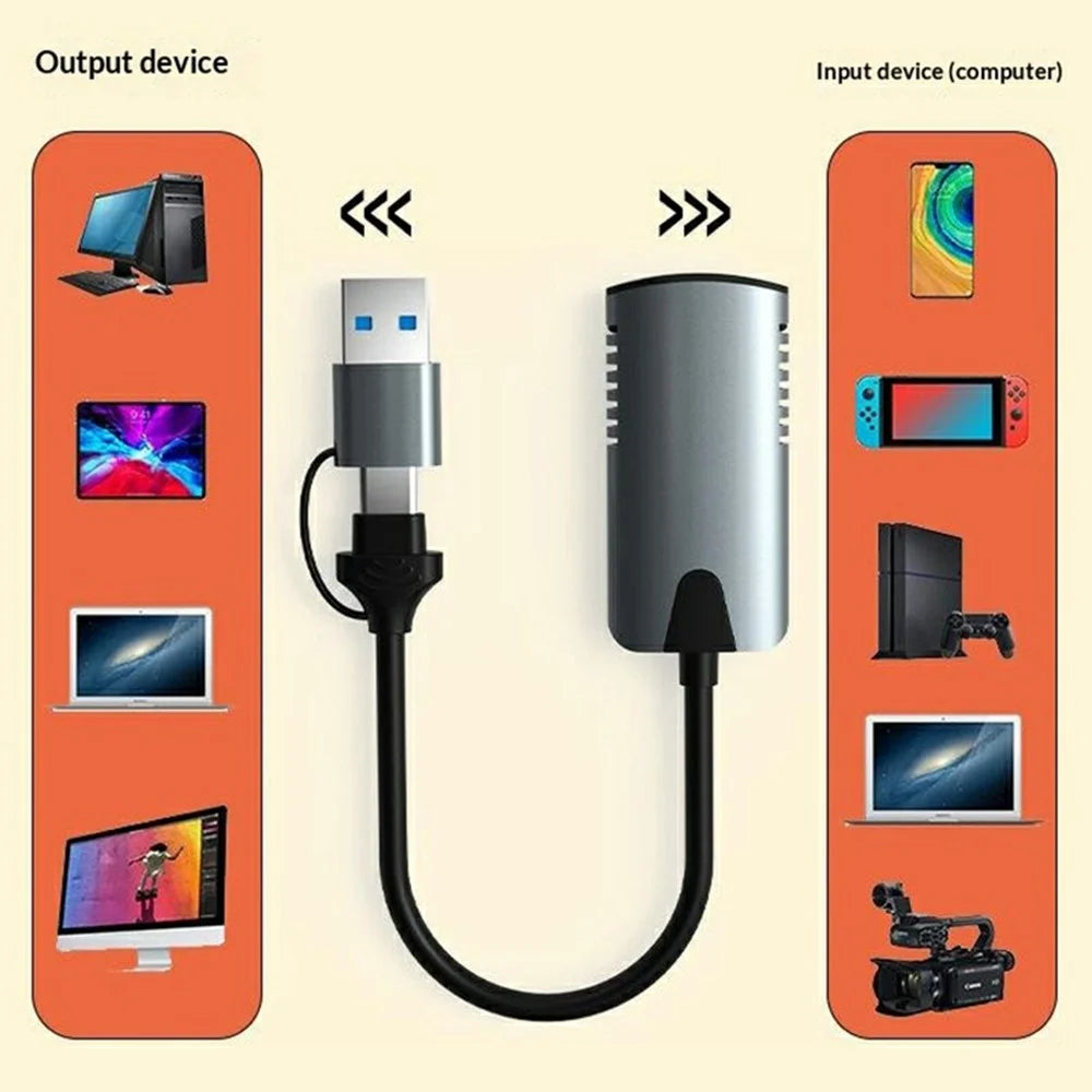 HU-04A HD to USB-C / USB-A 2 in 1 Video Capture Card 1080P 60Hz Aluminum Alloy Game Recording Streaming Adapter Cable - Grey - 3