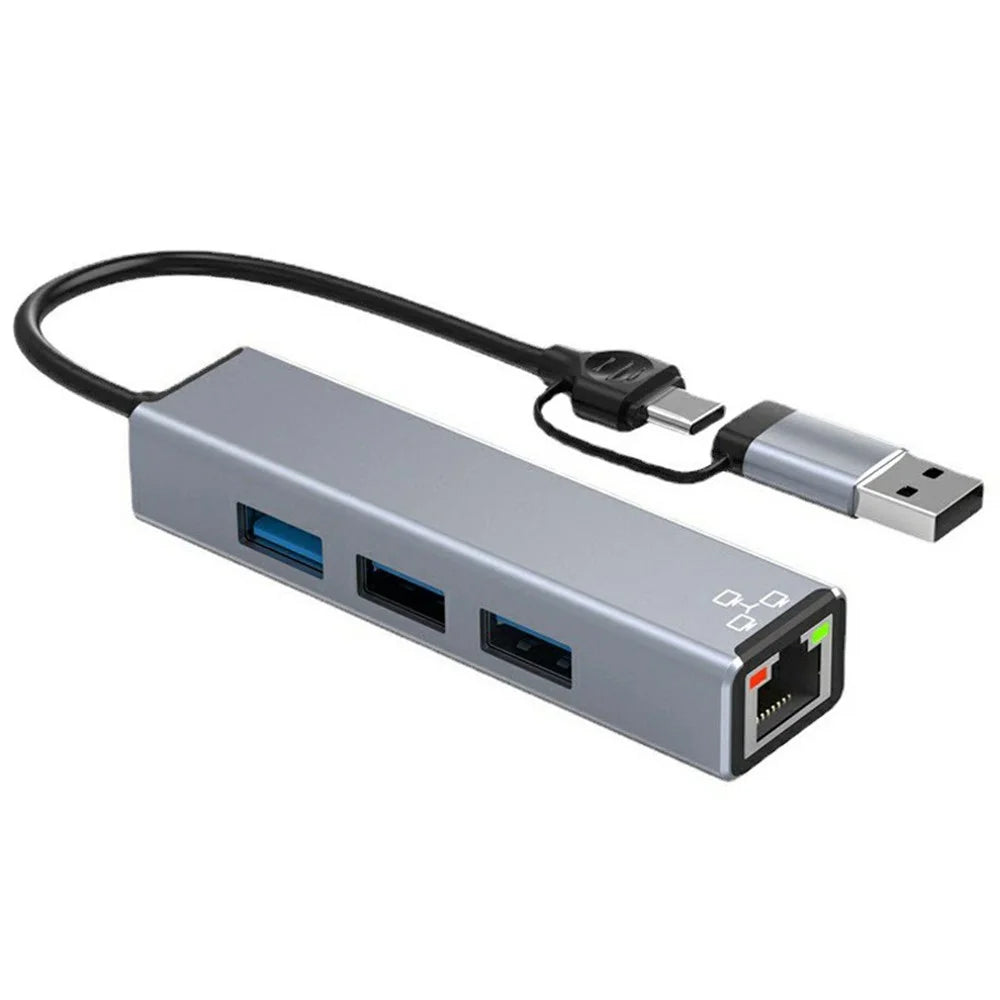 HC-78 4 in 1 Hub Ethernet Adapter USB C / USB A to USB 3.0 / 2.0 RJ45 Network Card Splitter Docking Station - Grey - 1