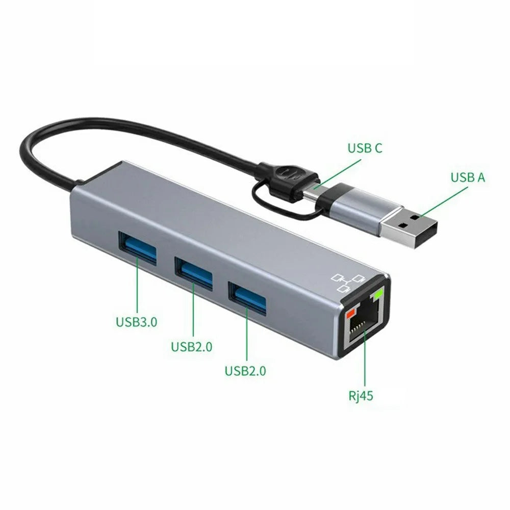 HC-78 4 in 1 Hub Ethernet Adapter USB C / USB A to USB 3.0 / 2.0 RJ45 Network Card Splitter Docking Station - Grey - 2