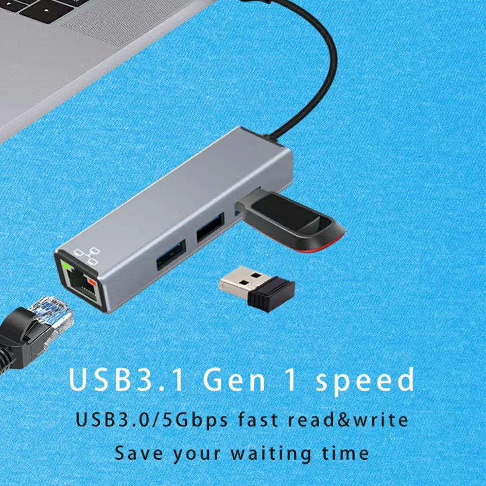 HC-78 4 in 1 Hub Ethernet Adapter USB C / USB A to USB 3.0 / 2.0 RJ45 Network Card Splitter Docking Station - Grey - 5