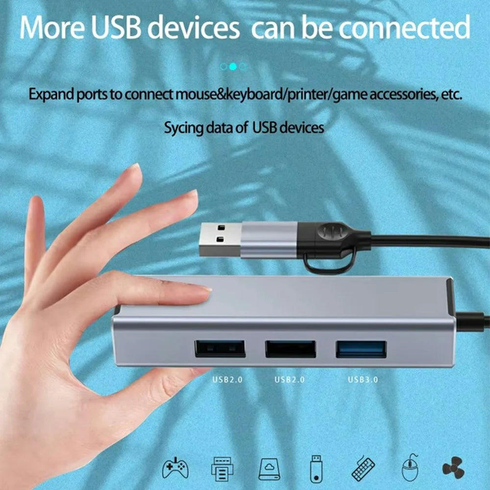 HC-78 4 in 1 Hub Ethernet Adapter USB C / USB A to USB 3.0 / 2.0 RJ45 Network Card Splitter Docking Station - Grey - 6