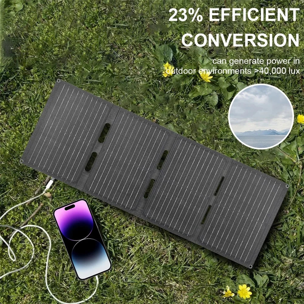 DE-60 60W Foldable Solar Panel Charger with Type-C / USB / DC Ports IP65 Waterproof Monocrystalline Solar Charger - Black - 7
